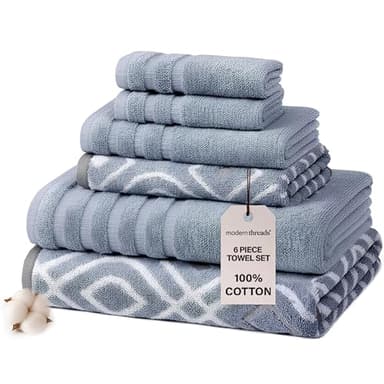 Modern Threads Oxford 6-Piece 100% Cotton Towel Set – Yarn Dyed Jacquard & Solid – Includes 2 Bath Towels, 2 Hand Towels, 2 Washcloths – Absorbent, Quick Dry, Soft & Durable – Blue