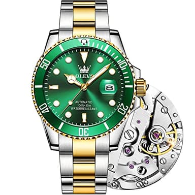 OLEVS Automatic Watch Men Silver Green Self Winding Two Tone Stainless Steel Watches for Men Waterproof Silver Gold Luxury Business Luminous Dress Mens Wrist Watch Mechanical Relojes para Hombres