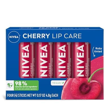 NIVEA Cherry Lip Care, Ruby Tinted Lip Balm Pack with Shea Butter, Nourishing Oils and Vitamin C & E, 3-in-1 Moisture, Repair and Color, 0.17 Oz Stick, Pack of 4