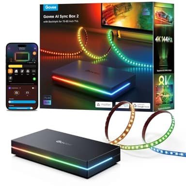 Govee HDMI 2.1 Sync Box 2, AI Sync Box with TV Backlight, Supports 8K@60Hz, 4K@144Hz, VRR and ALLM, Works with SmartThings, Matter and Alexa, RGBIC LED Light Strip for 75-85 inch TVs, 75 LEDs/m