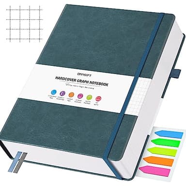 OFFIGIFT Graph Paper Notebook, 312 Numbered Pages B5 Hardcover Leather Journal, 100gsm No Bleed Grid Paper Notebook with Index Pages, Grid Notebook for Graphing Notes Math, 7.6'' X 10'', Grey Blue