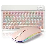 Ultra-Slim Bluetooth Keyboard and Mouse Portable Mini Wireless Keyboard Rechargeable 7-Color Backlit for Apple iPad iPhone Samsung Tablet iPhone Smartphone iOS Android Windows, Round Keys Pink