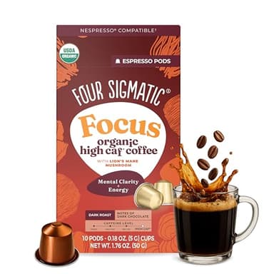 Four Sigmatic Focus High Caffeine Coffee Pods Compatible with Nespresso Original | Organic Dark Roast Espresso with Added Focus | Mushroom Coffee Enhanced with Lion's Mane | High Caffeine 10ct