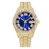 CdyBox Men Hip Hop Watch with Roman Scale Calendar Crystal Rhinestone Watches Stainless Steel Iced-Out Wrist Watch (Gold Blue)
