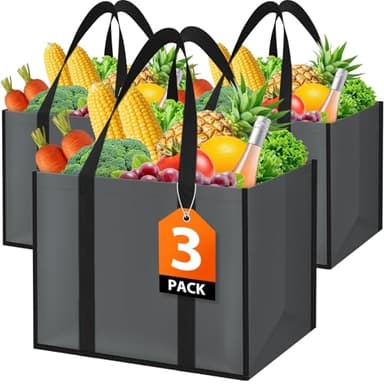 WISELIFE Reusable Grocery Bags with Handles - 3 Pack, 35L Large Shopping Bags for Groceries, Water-Resistant & Foldable Grocery Totes for Lasting Use for Kitchen, Market, Car Trunk, Picnic (Gray)