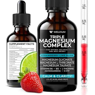 WELVIUM Triple Magnesium Complex Liquid Drops - High Absorption Magnesium Glycinate Supplement, L-Threonate, Taurate 500mg - Ashwagandha, L-Theanine, 5-HTP, Vitamins B6, B12 for Mineral Balance