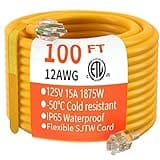 HUANCHAIN 100 ft 12/3 Gauge Heavy Duty Outdoor Extension Cord Waterproof with Lighted, Flexible Cold Weather 3 Prong Electric Cord Outside, 15A 1875W 125V 12AWG SJTW, Yellow, ETL Listed