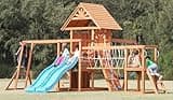 Dolphin Playground Wooden Swing Sets, Monkey bar, Plank Bridge with Rope Mesh, 2 Wave Slides, Large Climbing Wall, Outdoor Table, Saucer Swing, Playground Sets for Backyards, Outdoor Playset