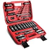 LLNDEI 1/2-Inch Drive Ratchet Impact Socket Wrench Set,Deep Sockets(8-24mm),Spark Plug Socket(16,21mm),49PCS, CR-V, Metric,Combination Wrenches (8-17mm),72T Ratchet Handle for Mechanics