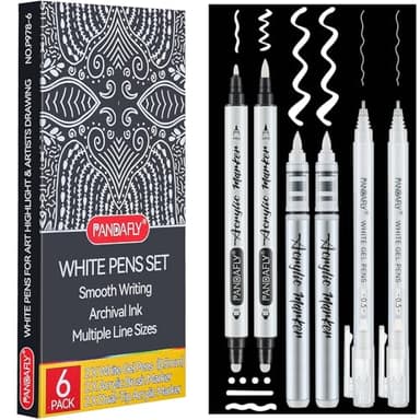 PANDAFLY White Ink Pens Set, 0.5mm Fine Point White Gel Pens Dual-Tip Acrylic Paint Pen Brush Tip Acrylic Markers for Black Paper Drawing, Sketching, Illustration, Card Making, Set of 6