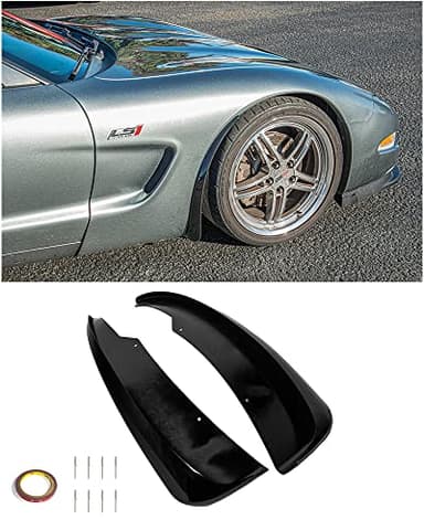 Replacement for 1997-2004 Chevrolet Corvette C5 All Models | GM Factory XL Extended Style Front Side Splash Guards Mud Flap Pair (ABS Plastic - Painted Glossy Black)