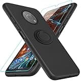 for Nokia G300 6.52" (2021) Phone Case with Glass Screen Protector, 360° Rotatable Ring Holder Magnetic Kickstand/Stand Silicone TPU Shockproof Protective Cover Case for Nokia G300 N1374DL - Black