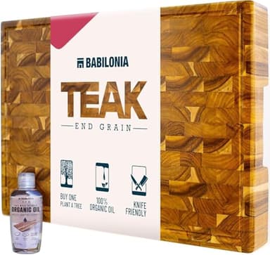 Teak Cutting Board - 19.7 x 12.2 Inch (ExtraThick 1.7") Premium Quality Butcher Block for Meat, Cheese, Charcuterie Board. Heavy Duty End Grain Wood Chopping Board with Handle (Oil & Plate Included)