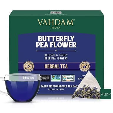 VAHDAM, Butterfly Pea Flower Tea Bags (40 Pyramid Teabags) Vegan, Non-GMO | Delicate & Earthy | Direct From Source - Plant Based Biodegradable Tea Bags | Brew Iced Tea, Cooking, Mocktails & Cocktails