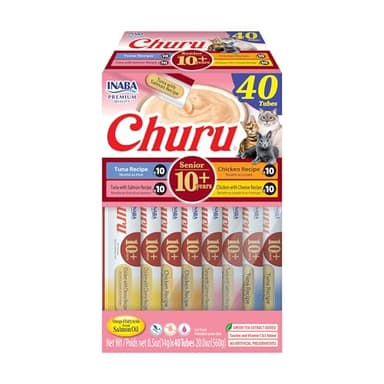 INABA Churu for Senior 10+, Creamy Lickable Cat Treats with Taurine, Vitamin E & C, 0.5 Ounces Each, 40 Tubes, Tuna & Chicken Variety
