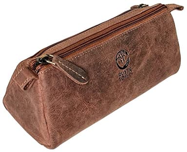 Rustic Town Leather Pencil Case - Vintage Zippered Pencil Pouch & Pen Case for Adults, Artists, Writers - Gift for Men & Women