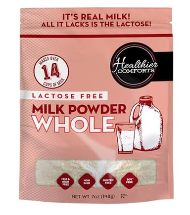 Healthier Comforts Lactose Free Whole Milk Powder | Non-GMO, rBST Hormone Free, Kosher, Gluten Free, No Fillers | Baking, Coffee Creamer, Shakes, Pantry Staple, Camping | Makes 14 cups (7 oz)