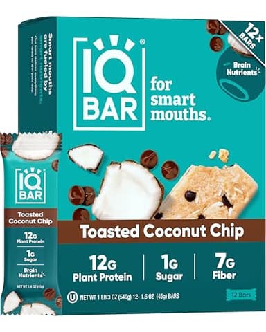 IQBAR Clean Plant Protein Bars - Toasted Coconut Chip - 12 Count - Keto, Vegan, High Fiber, Gluten and Dairy Free, Low Sugar Snack - Brain and Body Nutrients for Focus, Energy, Meal Replacement