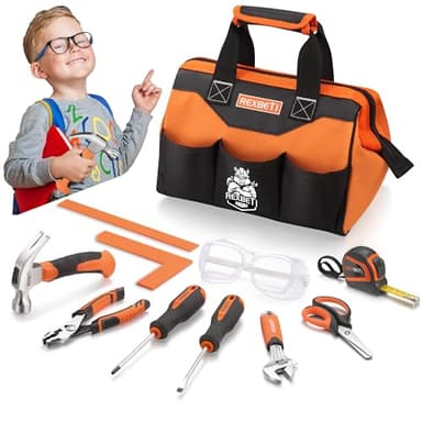 REXBETI 10-Piece Kids Tool Set with Real Hand Tools, Orange Durable Storage Bag, Children Learning Tool Kit for Home DIY and Woodworking, 6+ Years Old Birthday Gift