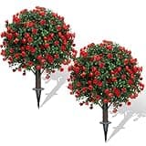 Set of 2 Artificial Boxwood Topiary Ball Trees with Red Flowers for Outdoor with Ground Spike 22", UV Resistant Faux Greenery Shrubs, Fake Plants for Garden, Yard, Porch, Patio Valentine's Day Decor
