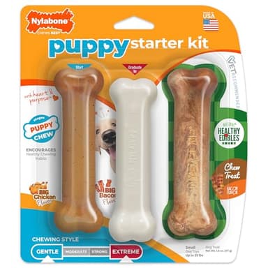 Nylabone New Puppy Starter Kit, 2 Chew Toys and 1 Natural Treat for Puppies, Puppy Teething Toy, Bacon & Chicken Flavor, Small Dogs - Up to 25 lbs., 3 Pack