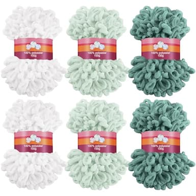Threlaco 6 Pack Finger Loops Yarn Bulk Soft Chunky Yarn 600 G/ 6 Skeins for Mothers Day Beginners Knitting No Needles or Hooks(White, Light Green, Dark Green)