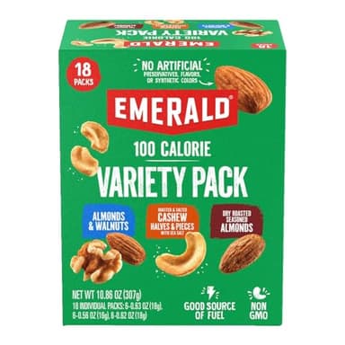 Emerald Nuts Mixed Nuts Variety Pack 18ct (1-Pack) , 100-Calorie Individual Packs , Features Dry Roasted Almonds, Natural Almonds & Walnuts, and Roasted & Salted Cashews