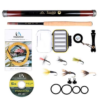 M MAXIMUMCATCH Maxcatch Tenkara Fly Fishing Rod Combo Complete Kit 11/12/13ft(Telescoping Carbon Tenkara Rod, Line, Tippet, Flies, Line Nipper, Hook Keepers) (Rod Combo, 10ft)