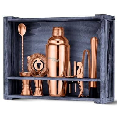 Mixology & Craft 11-Piece Cocktail Shaker Set with Wood Stand | Complete Cocktail Kit Gift Set | Top Bartender Gifts for Men & Women | Leak-Proof Tools (Copper)