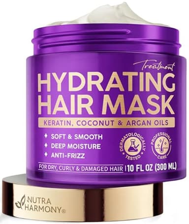 Hydrating Hair Mask - Deep Conditioning Treatment for Dry, Frizzy & Damaged Hair - Keratin Mask with Coconut & Argan Oils, Collagen & Wheat Protein - Smooths, Softens & Controls Frizz, Curl-Safe, 10oz