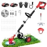Electric Weed Wacker Cordless with Wheels,21V 2×2000mAh Weed Eater Battery Powered, 6-inch Cordless String Trimmer with 3 Types of Blades, Electric Grass Trimmer,Lawn Edger, Mower for Yard,Garden