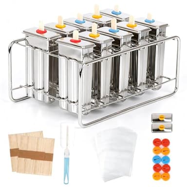 Popsicle Molds Set 10 Pieces Stainless Steel Popsicle Maker, Homemade Popsicle Molds with 100 Sticks, 20 Bags, 22 Silicone Seals, 1 Cleaning Brush & 1 Stand, Ice Pop Mold Maker for Kids (Square)