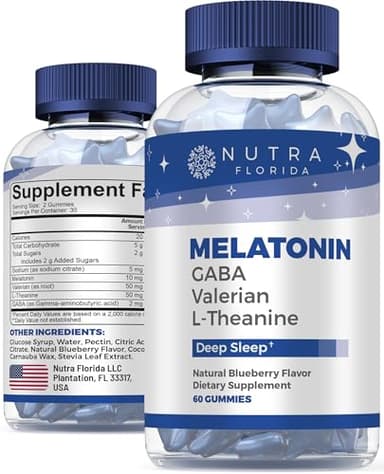 Nutra Florida Melatonin Gummies 10mg with L-Theanine + Valerian Root & GABA – Sleep and Restore Gummies for Adults – Natural Nighttime Support – Vegan, Non-GMO, Gluten Free, Safe & Non-Habit Forming