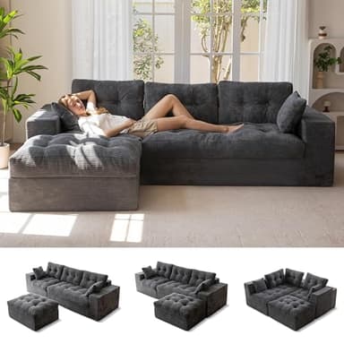 104" L Shaped Modular Sectional Sofa with Ottoman, Cloud Boneless Couch with Layered Cushion, Upholstered Sofa in a Box, Flexible Module Combination for Living Room, No Assembly, Dark Grey