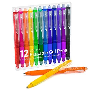 Lineon Erasable Gel Pens, 12 Colors Retractable Fine Point Erasable Pens Clicker, Assorted Color Inks, Make Mistakes Disappear for Drawing Writing Planner and Crossword Puzzles