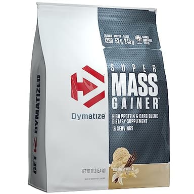 Dymatize Super Mass Gainer Protein Powder, Gourmet Vanilla, 52g Protein, 1g Creatine, 1280 Calories, 10.7g BCAAs, 245g Carbs, Contains Whey Protein, Isolate, and Casein (16 Servings)