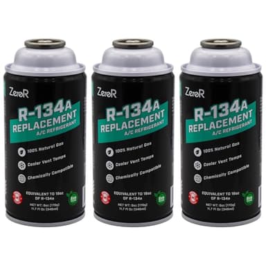 ZeroR AC Refrigerant R134a Replacement - Eco-Friendly, 100% Natural Hydrocarbon Gas - Compatible and Easy to Install with R134a A/C Recharge Systems - 3 Cans (6oz Each)