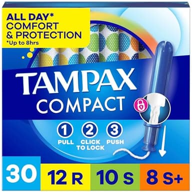 Tampax Compact Pearl Tampons for Women Multipack, with LeakGuard Braid & Extendable Applicator, Regular/Super/Super Plus Absorbency, Compact Extendable Applicator, Unscented, 30 Count