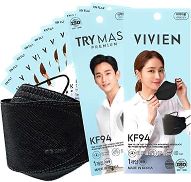 KN FLAX [10Packs] KF94 Black - Face Protective Mask for Adult (Black) [Made in Korea] [10 Individually Packaged] TRY Premium KF94 Certified Face Safety Black Dust Mask for Adult
