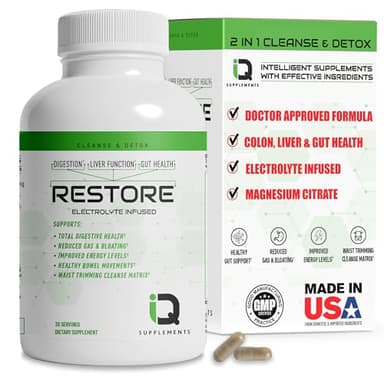 Restore 2 In 1 Colon Cleanse & Detox w/ Psyllium - Supports Digestion, Debloating & Constipation Relief for Women & Men, Gut Detox Cleanse w/ Magnesium | Electrolyte Infused Colon Cleanser & Detox