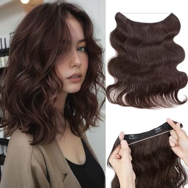 S-noilite Halo Hair Extensions Real Human Hair 12inch Short Wavy Halo Hair Extensions for Women Adjustable Wire HairExtensions Dark Brown