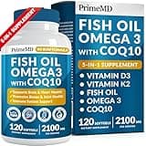 5-in-1 Fish Oil Omega 3 Fatty Supplements (2100mg) - Omega 3 Fish Oil with Vitamins D3 K2 and CoQ10 - Lemon Flavored (120 softgels)