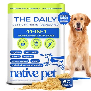Native Pet The Daily Dog Vitamins & Supplements - 11-in-1 Multivitamin Powder for Dogs - Supports Whole Body Health, Digestion, Mobility & Immunity with Collagen, Glucosamine & Probiotics – 60 Scoops