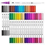 Dual Brush Marker Pens for Coloring Books, Tanmit Fine Tip Coloring Marker & Brush Pen Set for Journaling Note Taking Writing Planning Art Project