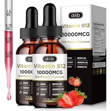 Vitamin B12 Liquid Drops Sublingual 10000 mcg, Triple B-12 Complex Supplement, Methyl & Methylcobalamin Blend for Women & Men, Mood & Energy Booster, Metabolism & Health Support, 2 Pack