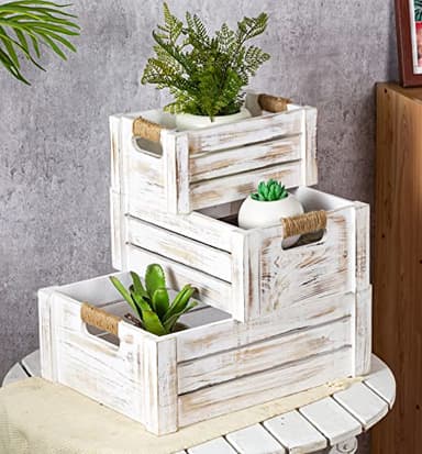 TIMRIS Set of 3 Rustic Wood Nesting Crates, Farmhouse Wooden Storage Container Boxes with Cutout Handles, Decorative Wooden Baskets for Display (Whitewash)