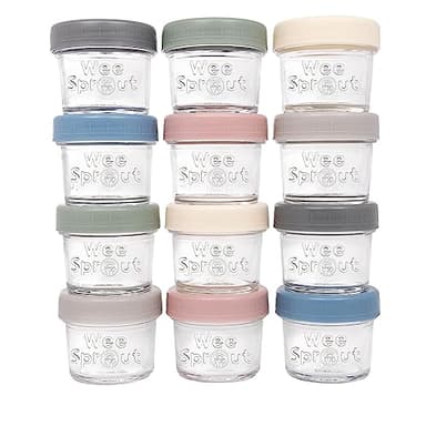 WeeSprout Glass Baby Food Storage Jars w/Lids (4 oz, 12 Pack Set) Snack, Puree, Reusable Small Containers, Breast Milk, Fridge or Freezer, Microwave & Dishwasher Safe, Essential Must Have for Infants
