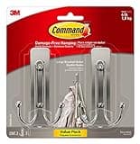 Command Large Brushed Nickel Double Hooks, 2 Hooks and 2 Command Strips, Damage Free Hanging Wall Hooks with Adhesive Strips, No Tools Coat Hooks for Hanging Home Decor, Holds up to 4 lb