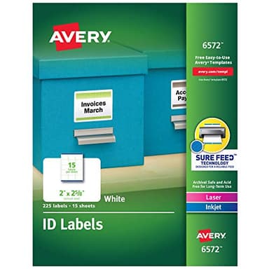 Avery ID Labels, Sure Feed Technology, Permanent Adhesive, 2" x 2-5/8", 225 Labels (6572)