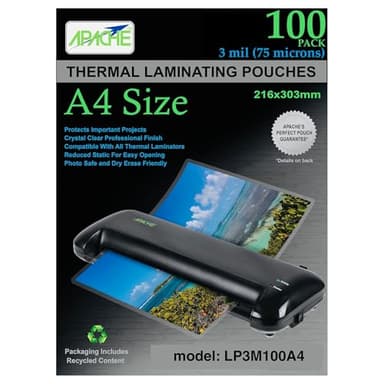 Apache 100 Pack Laminating Pouches 3 mil, Holds 210 x 297 mm A4 Size (216 x 303 mm Sheets), Office and School Supplies, Thermal Laminating Sheets, Super Clear, Round Corner